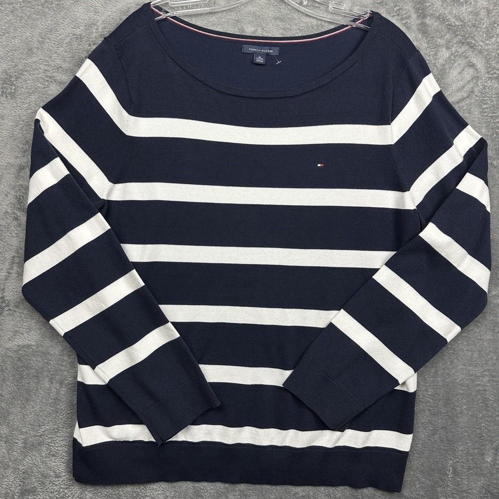 Tommy Hilfiger Sweater Women's XL Blue White Striped Boatneck Long Sleeve New